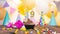 Happy birthday with a number of candles for thirty nine years on the background of balloons. A festive muffin with burning candles