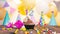 Happy birthday with a number of candles for twelve years on the background of balloons. A festive muffin with burning candles