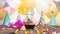 Happy birthday with a number of candles for twenty-five years on the background of balloons. A festive muffin with burning candles