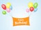 Happy birthday Orange banner with bright balloons against a blue background Element for design of baby cards birthday invitations