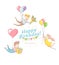 Happy birthday party greeting card invitation funny people characters flying with baloons, presents, flowers. Line flat design