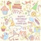 Happy birthday party set with hand drawn icons and lettering, gi