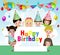 Happy birthday party vector design with kids wearing birthday hat in white empty space for message and text for party