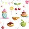 Happy Birthday pattern made of cupcake,cherry, apple, candies,flowers.Birthday background.