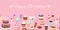 Happy birthday pink festive banner vector illustration. Happy birthday party. Pink background with cakes, balloons