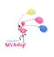 Happy Birthday. Pink little flamingo with air balloons.