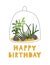 Happy birthday with plant. Terrarium to tilandsia and plant, text. Card for holiday. Hobbies, trendy home decor, taking