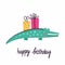 Happy birthday. Postcard in primitive minimalist style, cute crocodile with festive presents and gifts, kid greeting or invitation