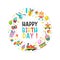 Happy birthday postcard. Toys and gifts.
