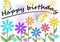 Happy birthday poster with colorful flowers and butterflies