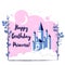 Happy birthday, princess. Greeting card with fairy castle in the sky and inscription for little girl.