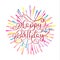 Happy birthday red text on on multi-colored fireworks background. Hand drawn Calligraphy lettering Vector illustration
