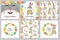 Happy birthday set of cards and seamless patterns. Cartoon bunny, flower wreath. Cute bunny holds a gift, Lettering