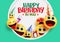 Happy birthday smiley emoji vector greeting design. Happy birthday to you greeting text with smileys emoji.