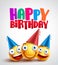Happy birthday smileys celebrant with happy friends, funny vector banner design