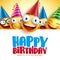 Happy birthday smileys vector background design with yellow funny and happy emoticons