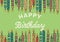 Happy birthday text over multiple burning colorful candles against green background