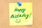 Happy Birthday text on a sticky note pinned to a corkboard. 3D r