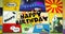 Happy Birthday text in yellow speech bubble in the foreground of colorful comic strip