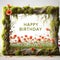 Happy birthday , thin frame made from thick moss covered Wood branches and leaves.