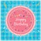 Happy birthday - Top view pink cake and ribbon party on blue fabric background vector design