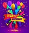 Happy birthday typography design for greeting poster and cards with balloon, confetti and gift box, design template for birthday c