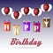 Happy birthday variations gift package soaring with helium balloons icons set eps10