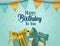 Happy birthday vector background design. Happy birthday to you text with party hanging pennants, gifts and confetti elements.