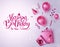 Happy birthday vector banner background. Happy birthday to you text with pink surprise party elements like balloons and confetti.