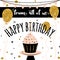 Happy Birthday vector card. Background with golden balloons and cupcake. Template for banner, flyer, brochure, gift