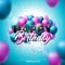 Happy Birthday Vector Design with Balloon, Typography and 3d Element on Shiny Blue Sky Background. Illustration for