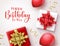 Happy birthday vector gifts background. Happy birthday greeting text in space for message with red party element.