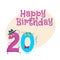 Happy birthday vector greeting card design with twenty number characters