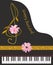 Happy birthday vertical greeting card with black grand piano, golden ribbon, treble clef in form of cosmos flower, pink daisy