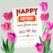 Happy Birthday vintage text poster composition. Realistic vector colorful pink tulips set, not trace. Template with pink