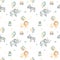Happy birthday watercolor seamless pattern with cute elephant, zebra, lion on balloons with stars, gifts on white background