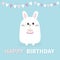 Happy Birthday. White bunny rabbit holding cake, candle. Paper flags hanging. Funny head face. Big eyes. Cute kawaii cartoon chara