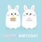 Happy Birthday. White bunny rabbit holding gift box, cake. Funny head face. Big eyes. Cute kawaii cartoon character. Baby greeting