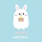 Happy Birthday. White bunny rabbit holding gift box. Funny head face. Big eyes. Cute kawaii cartoon character. Baby greeting card