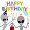 Happy birthday wish and funny extraterrestrial aliens.