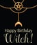 Happy Birthday Witch card. Golden metallic necklace. Pentagram pendant and chains. On black. Vector illustration