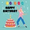 Happy birthday, woman dancing with cake and balloons celebration party event decoration