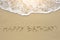Happy birthday written on sand beach