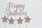 Happy Birthday written in silver letters with star shapes. Isolated on white background.