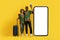 Happy black couple travellers going vacation, booking tickets online, mockup