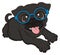 Happy black puppy in glasses lying