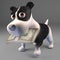 Happy black and white puppy dog has a mouth full of dollar bills, 3d illustration