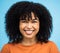 Happy, black woman or afro hairstyle portrait on isolated blue background in keratin treatment, self love or healthcare