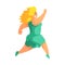 Happy Blond Plus Size Woman In Short Green Summer Dress Running Enjoying Life, Smiling Overweighed Girl Cartoon