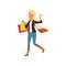 Happy blond woman walking with shopping bags from store. Big sale. Young girl with bag on shoulder. Flat vector design